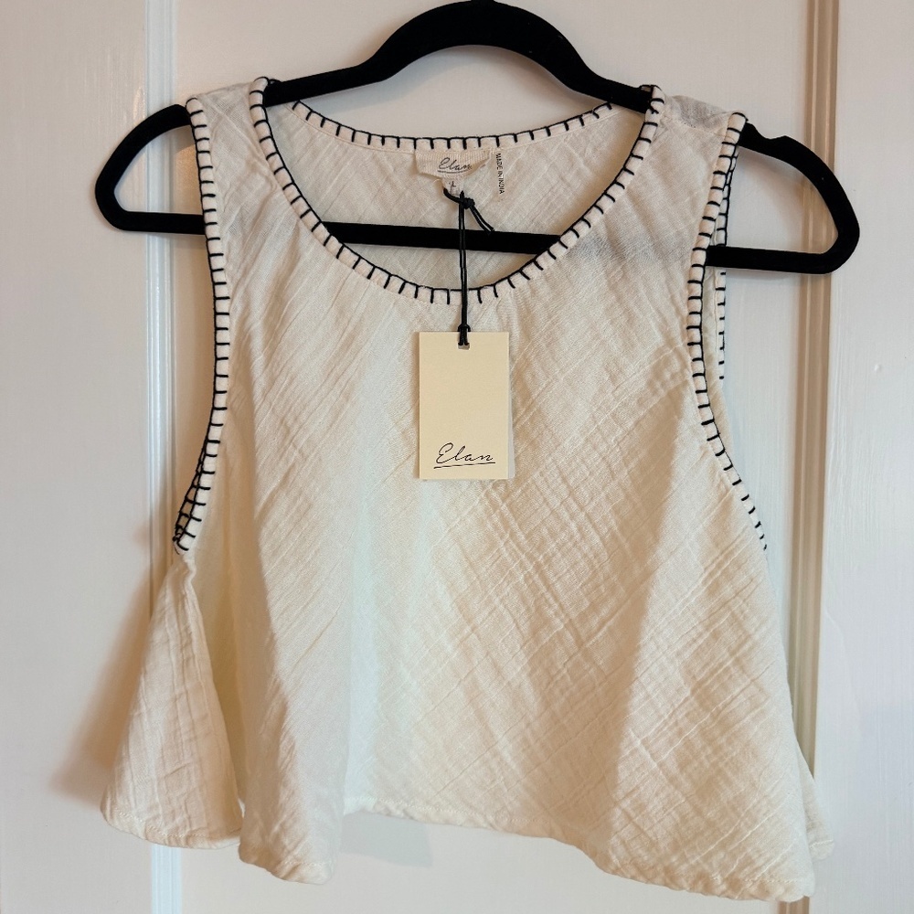 Elan Flowy Cotton Cover Up Tank in Off White/Cream with black trim